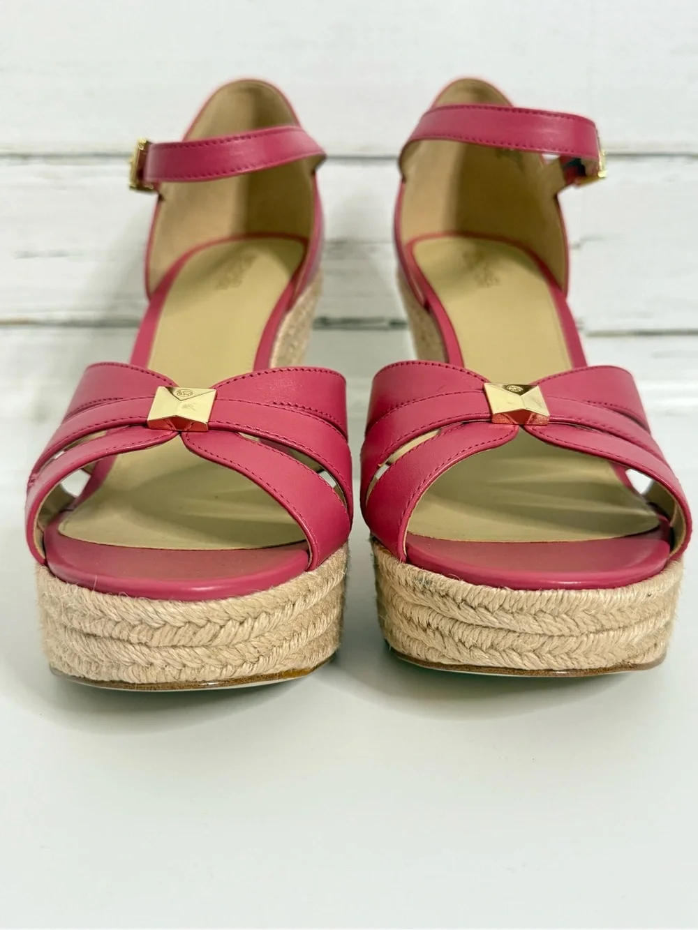 Michael Kors Coral Pink Leather Espadrille Wedge Sandals Ankle Strap Size 10